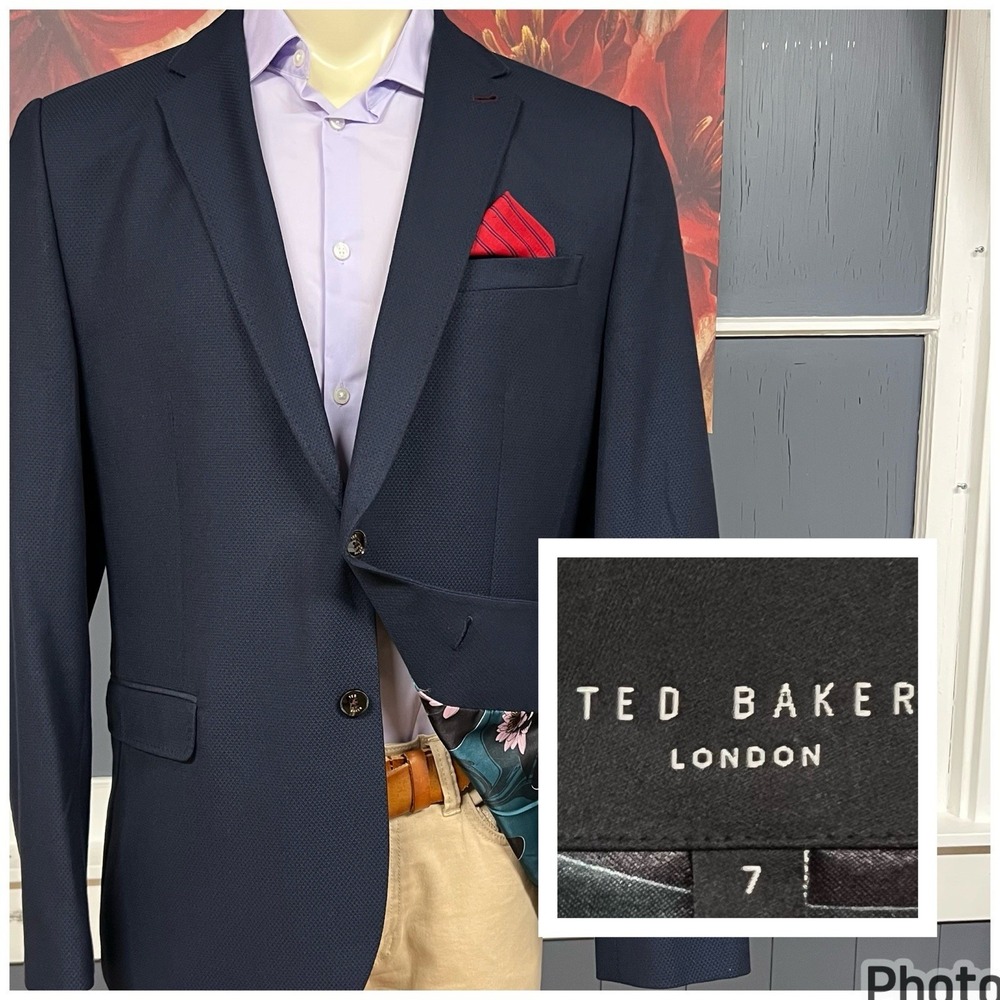Ted Baker Sport Blazer Mens Sz 7 (46R) Modern Fit Polyester Blend Stretch Navy